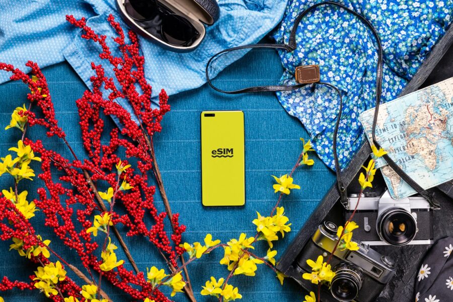 Travel tech flat lay chargers power bank smartphone