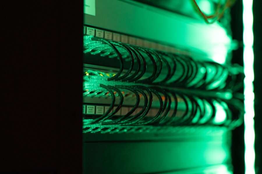 Data center server racks blue lights