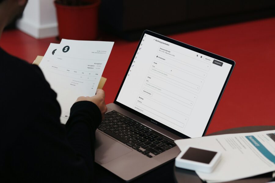 Office worker laptop document interface