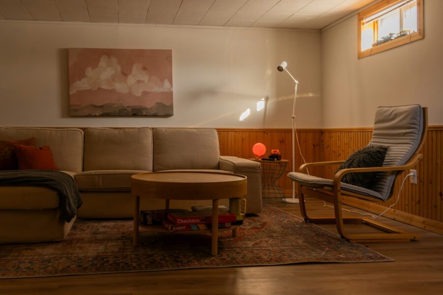 Cozy co-op video game living room couch