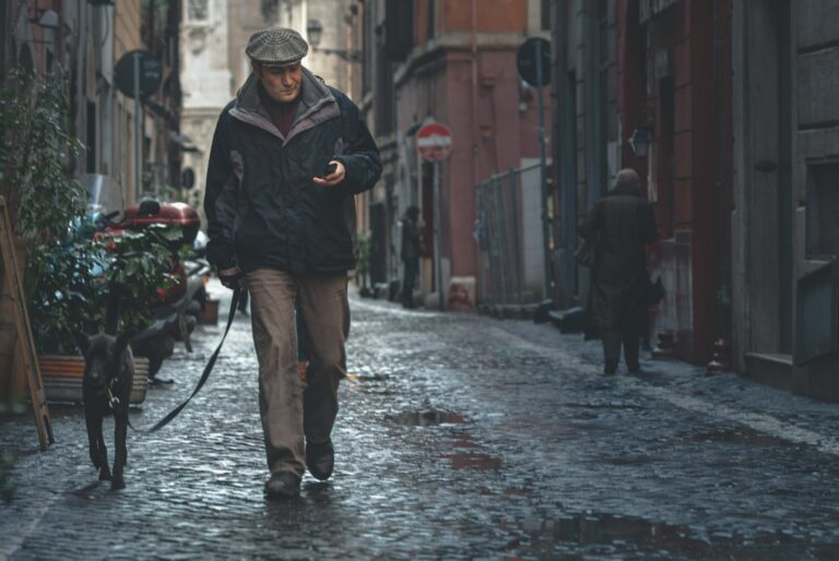 Person using navigation app walking city street
