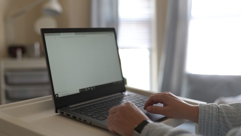 Person using laptop features home office