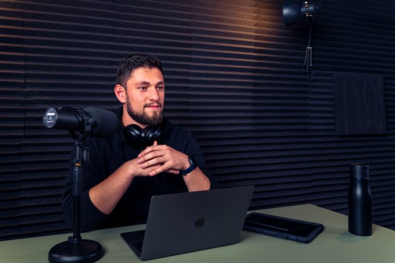 Podcast recording microphone laptop
