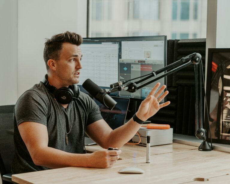 Podcast microphone boom arm person using usb microphone
