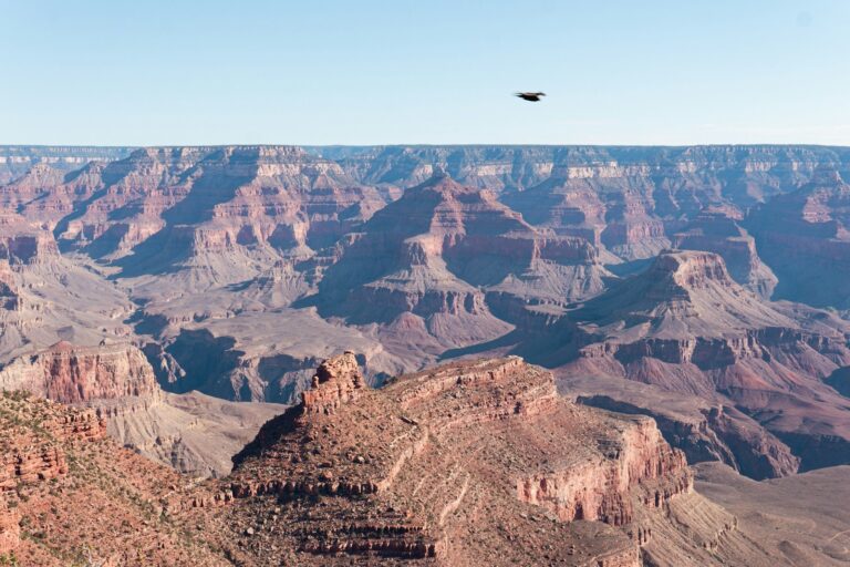 Third person action hero gliding over canyon