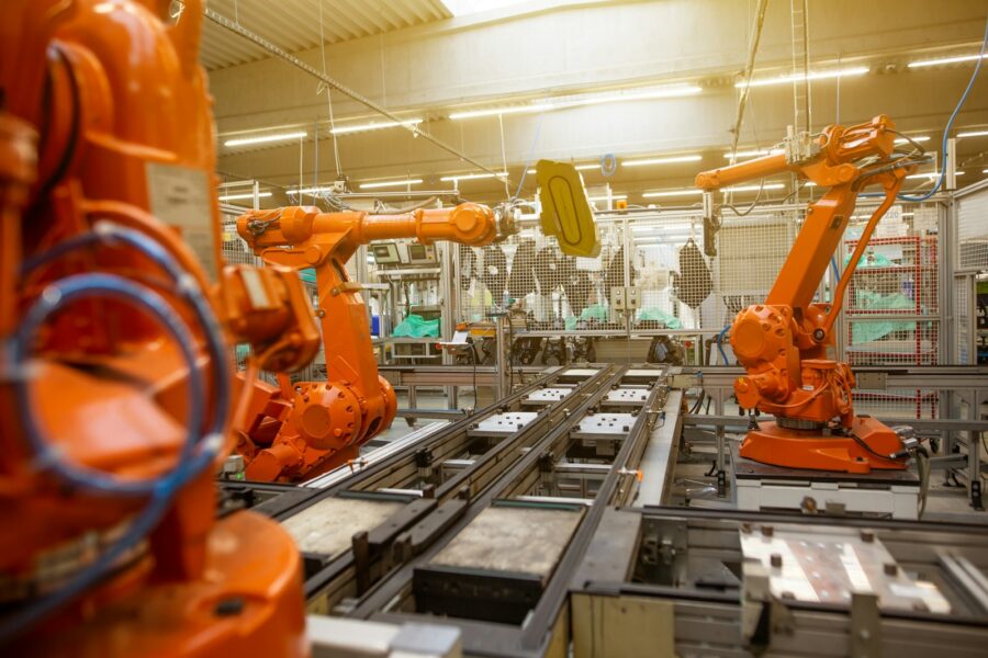 Electric car battery factory robots