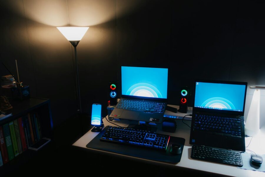 Windows laptop desk setup keyboard screen