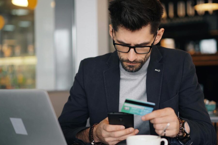 Smartphone banking app credit card laptop