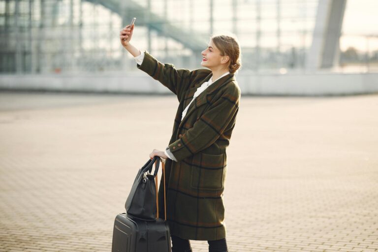 Traveler using laptop