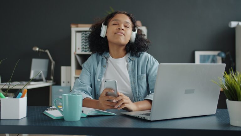 Woman using wellbeing app desk man listening meditation