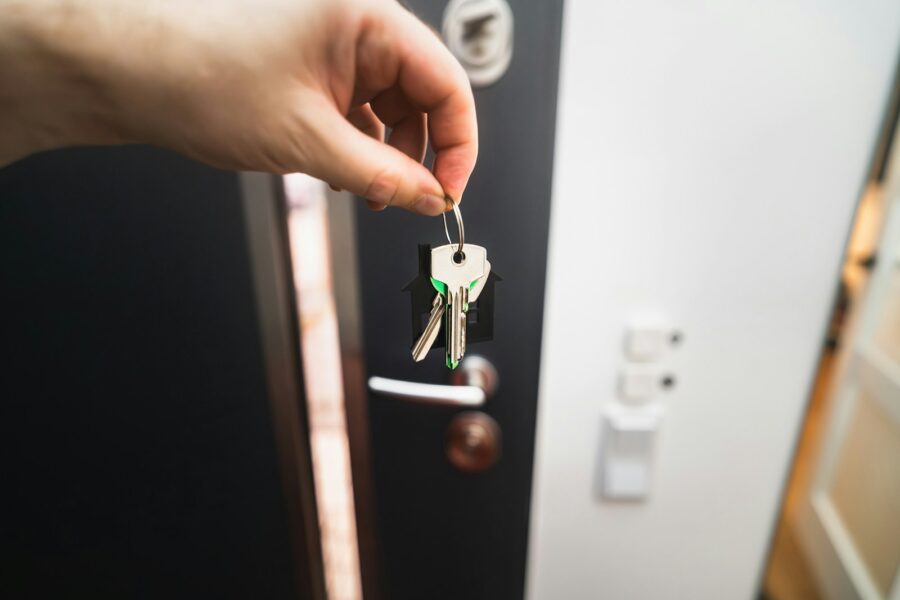 Smart lock front door smartphone hand