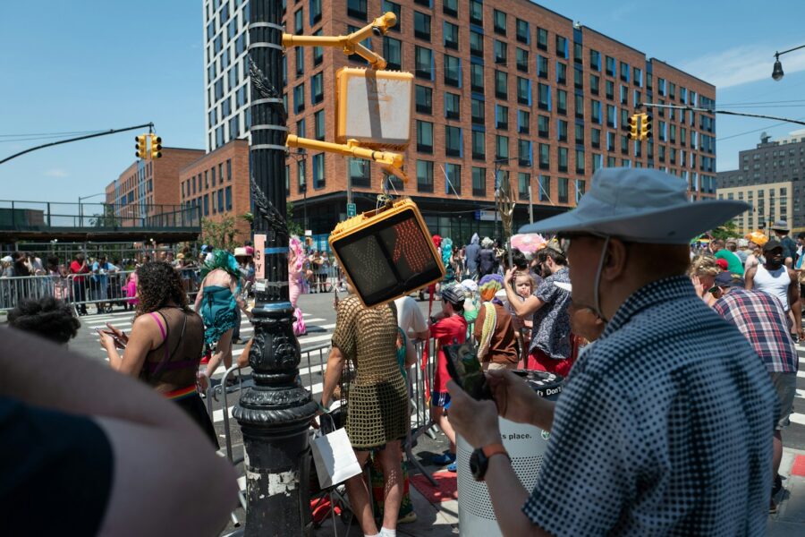 Smartphone gimbal handheld filming city street